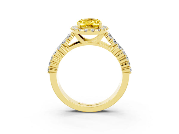 Yellow gold Oval Cut Yellow Sapphire Halo Engagement Ring with Triple Row Round Pavé Band and Prong Setting