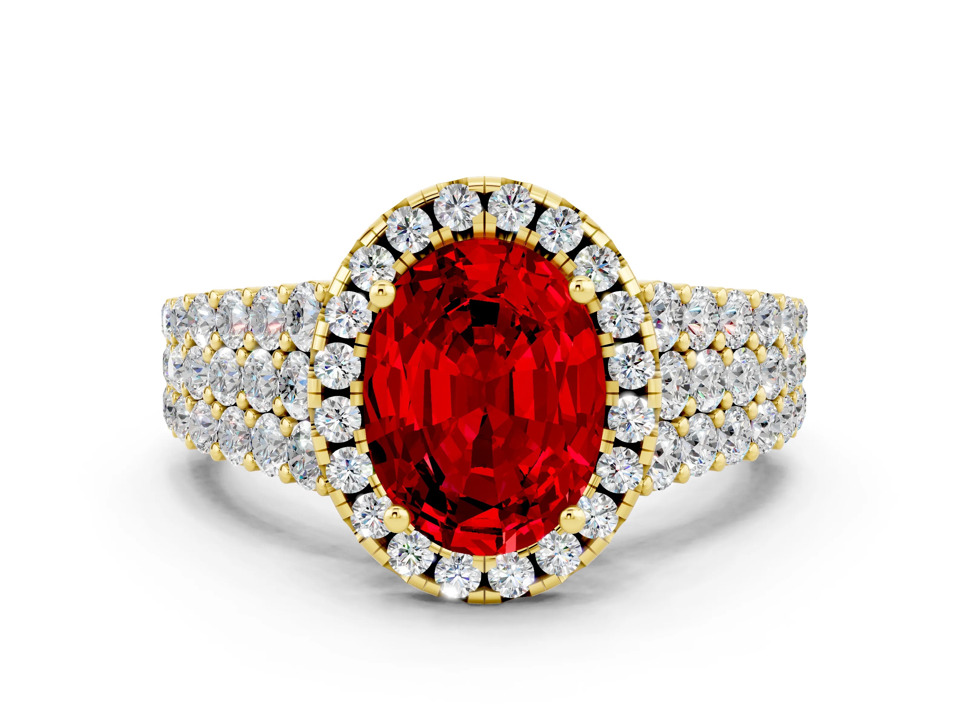 Yellow gold Oval Cut Halo Pavé Diamond Engagement Ring with Split Shank and Four-Prong Setting