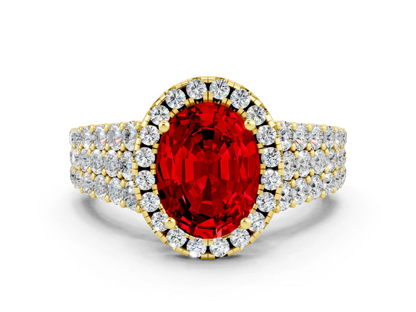 Yellow gold Oval Cut Halo Pavé Diamond Engagement Ring with Split Shank and Four-Prong Setting