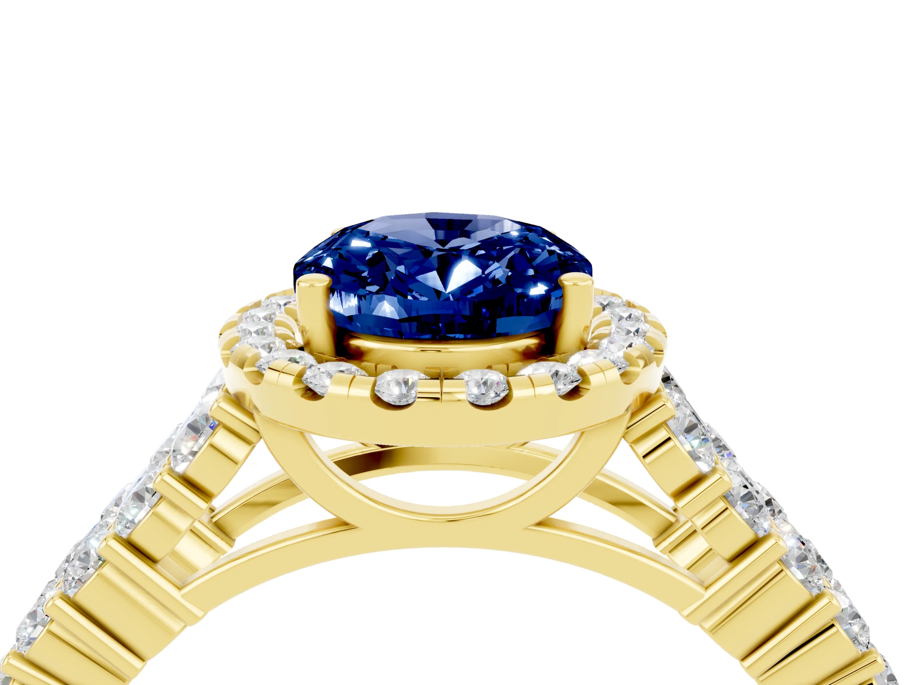 Yellow gold Oval Cut Halo Pavé Diamond Engagement Ring with Split Shank and Four-Prong Setting_4