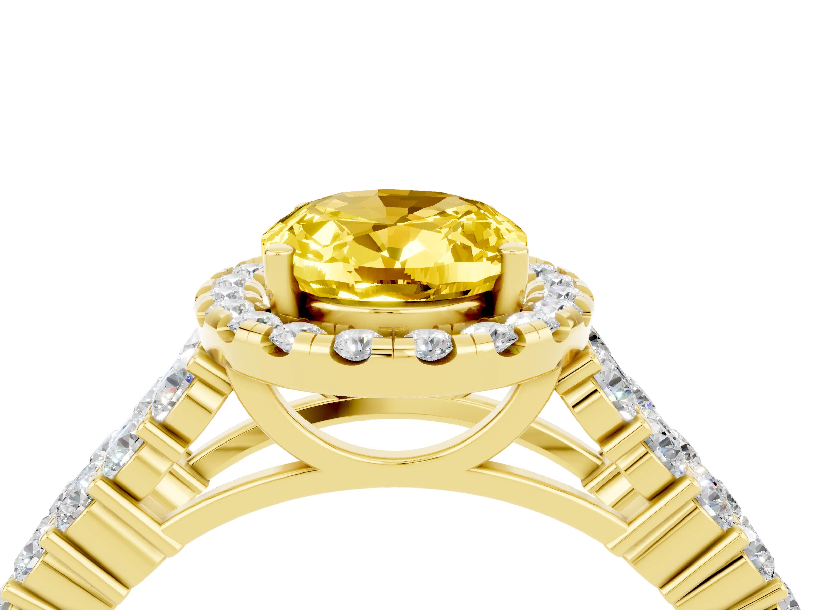 Yellow gold Oval Cut Halo Pavé Diamond Engagement Ring with Split Shank and Four-Prong Setting_4