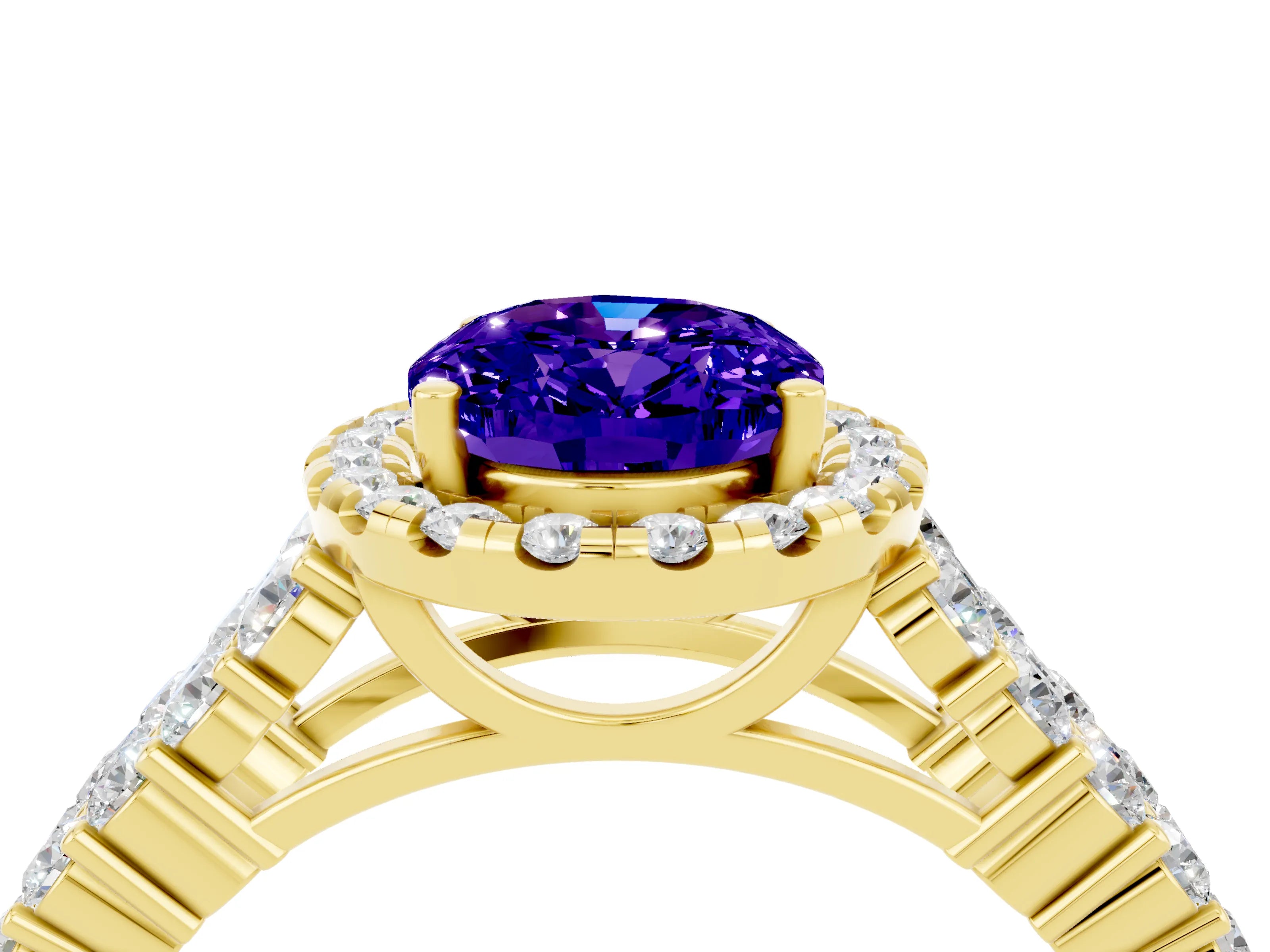Yellow gold Oval Cut Halo Pavé Diamond Engagement Ring with Split Shank and Four-Prong Setting_4