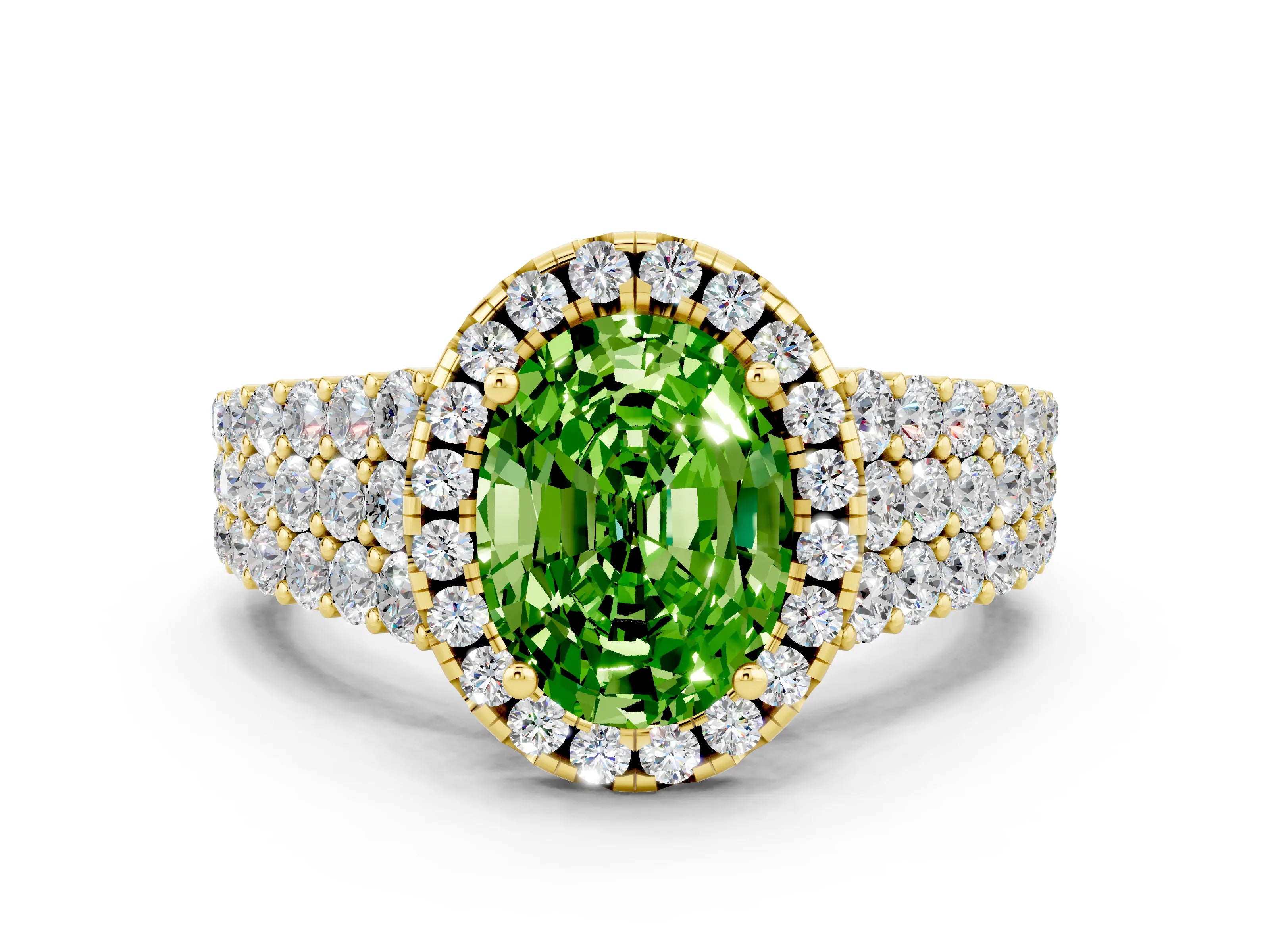 Yellow gold Oval Cut Halo Pavé Diamond Engagement Ring with Split Shank and Four-Prong Setting