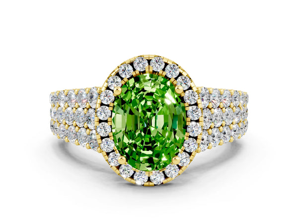 Yellow gold Oval Cut Halo Pavé Diamond Engagement Ring with Split Shank and Four-Prong Setting