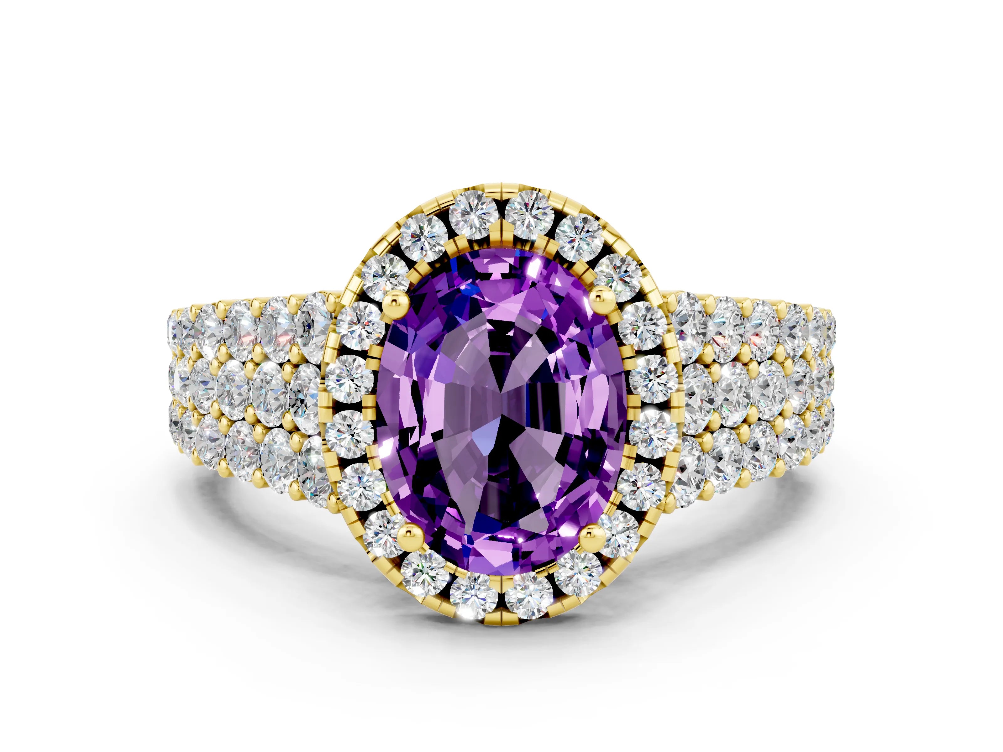 Yellow gold Oval Cut Halo Pavé Diamond Engagement Ring with Split Shank and Four-Prong Setting