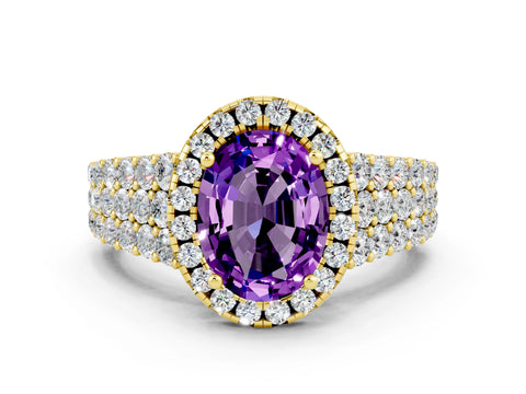 Yellow gold Oval Cut Halo Pavé Diamond Engagement Ring with Split Shank and Four-Prong Setting