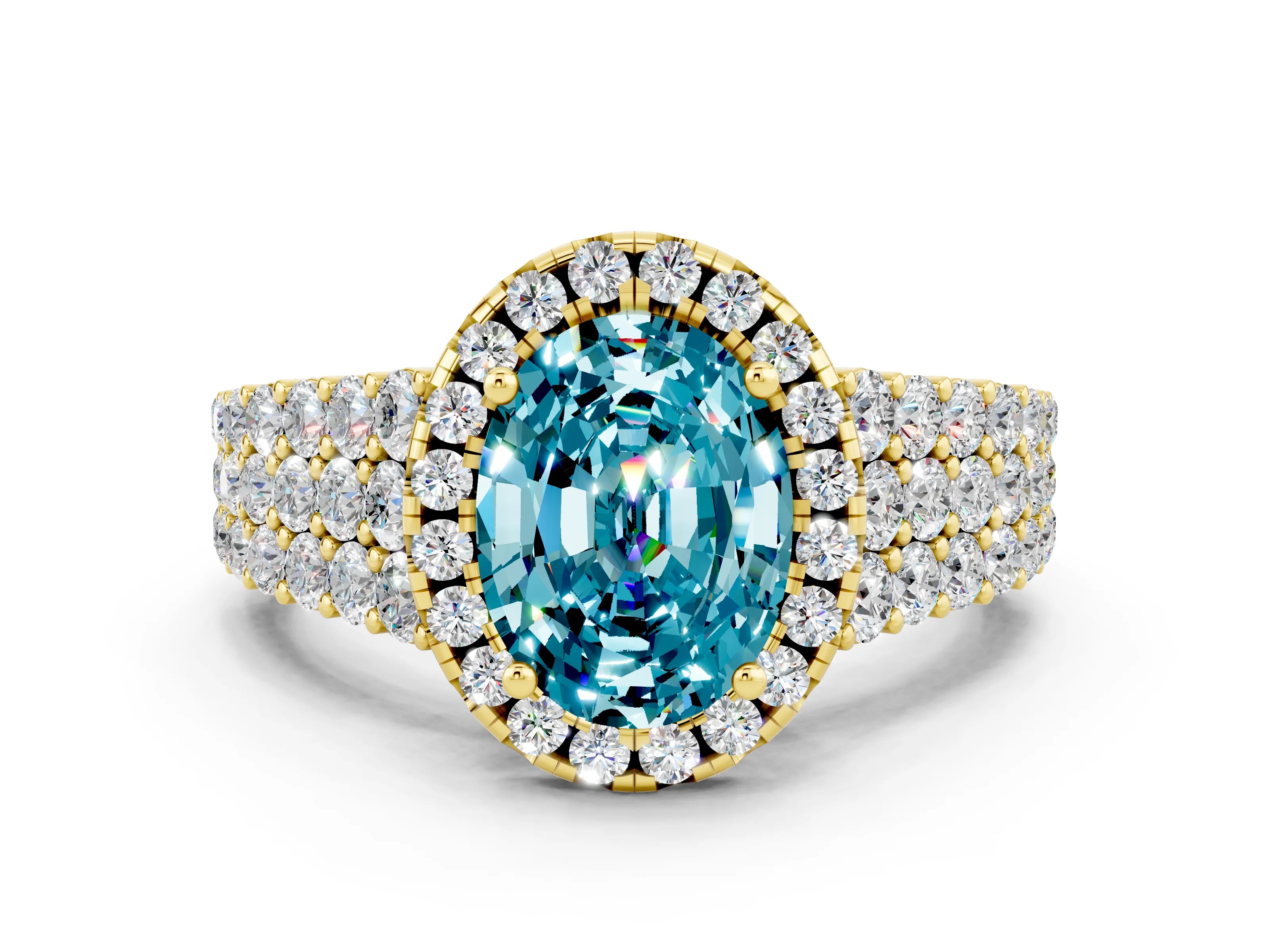 Yellow gold Oval Cut Halo Pavé Diamond Engagement Ring with Split Shank and Four-Prong Setting