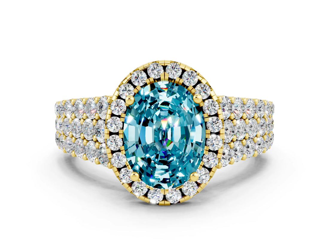 Yellow gold Oval Cut Halo Pavé Diamond Engagement Ring with Split Shank and Four-Prong Setting