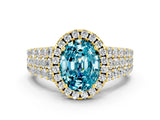 Yellow gold Oval Cut Halo Pavé Diamond Engagement Ring with Split Shank and Four-Prong Setting