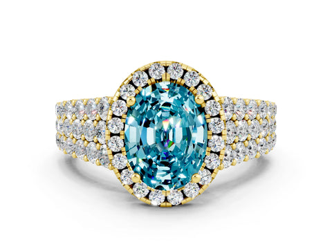 Yellow gold Oval Cut Halo Pavé Diamond Engagement Ring with Split Shank and Four-Prong Setting