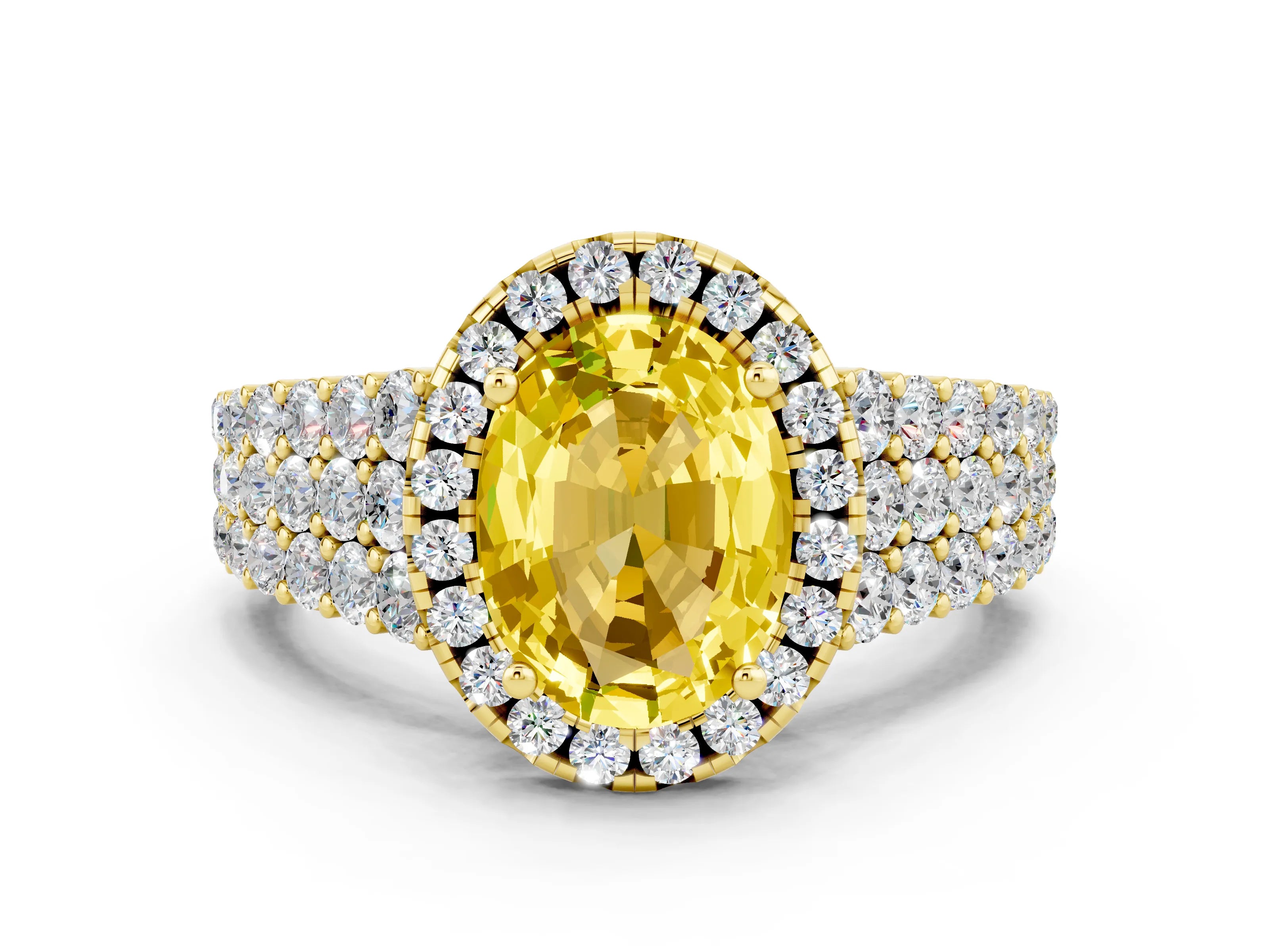 Yellow gold Oval Cut Halo Pavé Diamond Engagement Ring with Split Shank and Four-Prong Setting