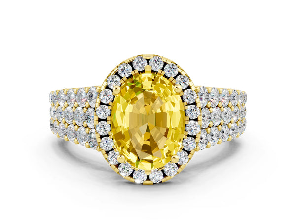 Yellow gold Oval Cut Yellow Sapphire Halo Engagement Ring with Triple Row Round Pavé Band and Prong Setting