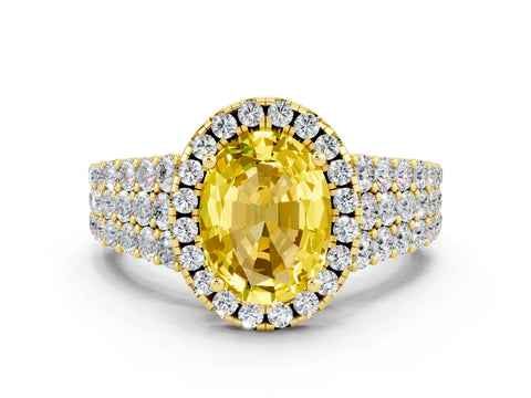 Yellow gold Oval Cut Halo Pavé Diamond Engagement Ring with Split Shank and Four-Prong Setting