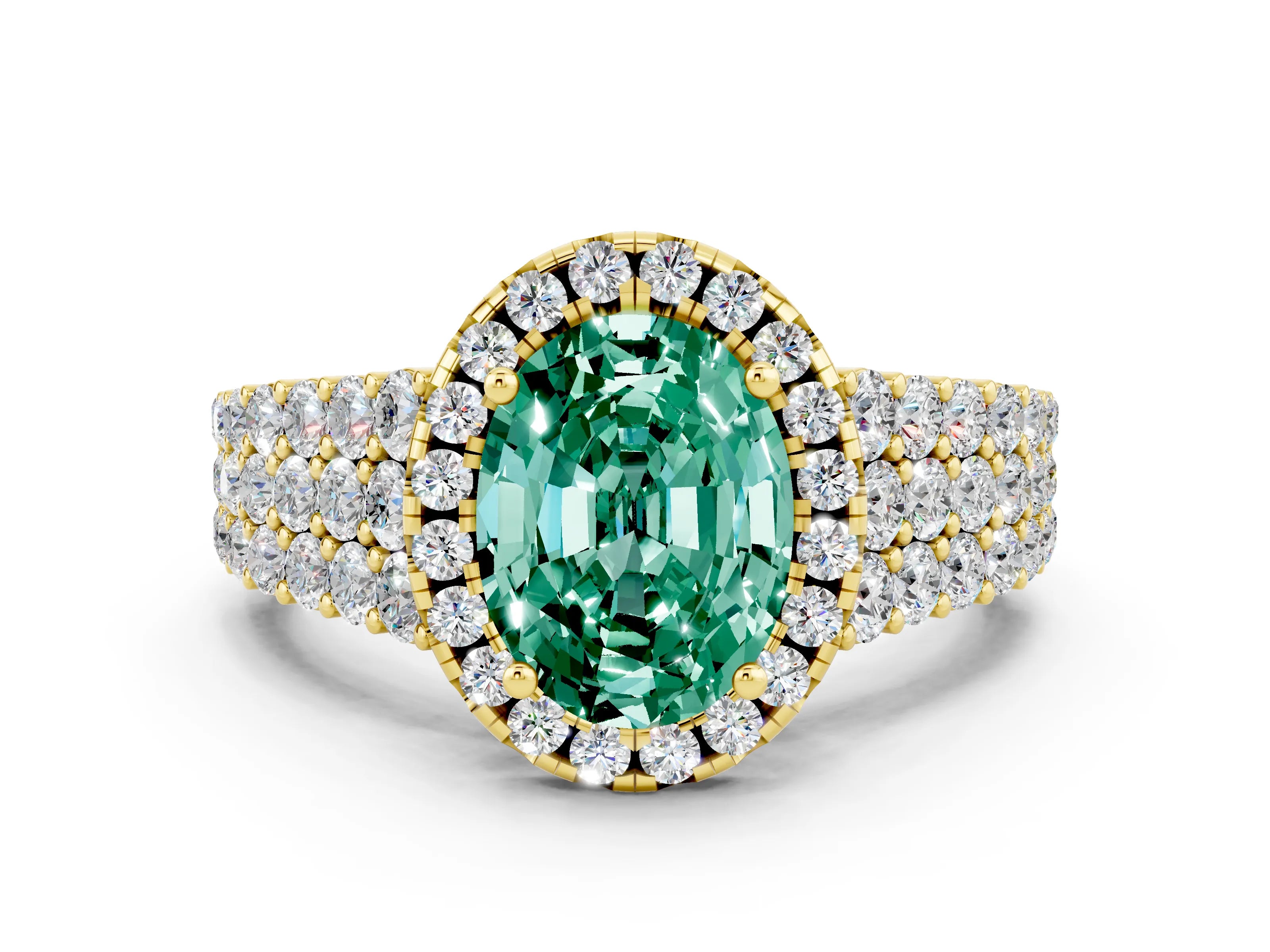 Yellow gold Oval Cut Halo Pavé Diamond Engagement Ring with Split Shank and Four-Prong Setting