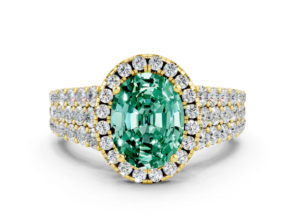 Yellow gold Oval Cut Green Sapphire Halo Engagement Ring with Triple Row Round Pavé Band and Prong Setting