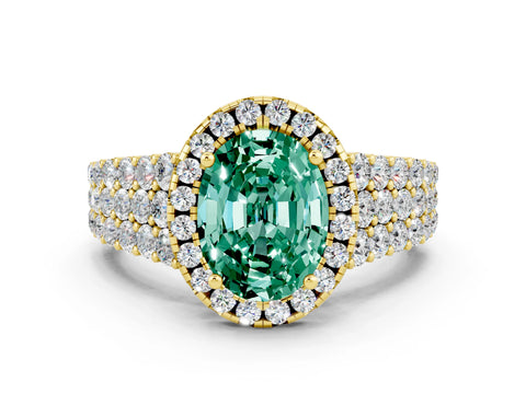 Yellow gold Oval Cut Halo Pavé Diamond Engagement Ring with Split Shank and Four-Prong Setting