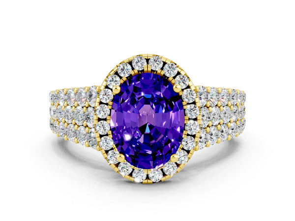 Yellow gold Oval Cut Tanzanite Halo Engagement Ring with Triple Row Round Pavé Band and Prong Setting