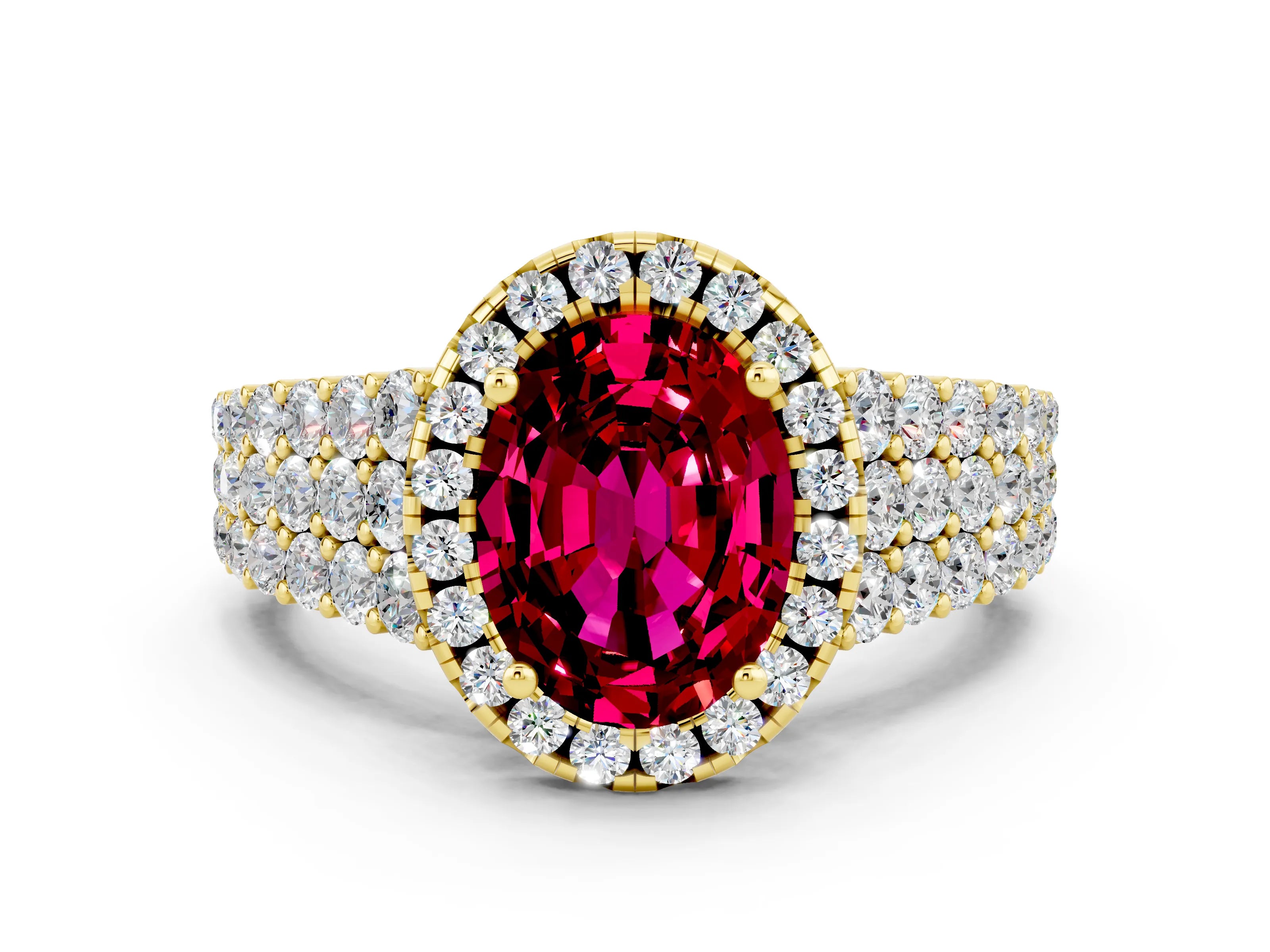Yellow gold Oval Cut Halo Pavé Diamond Engagement Ring with Split Shank and Four-Prong Setting