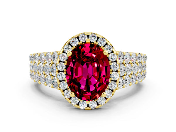Yellow gold Oval Cut Garnet Halo Engagement Ring with Triple Row Round Pavé Band and Prong Setting