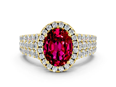 Yellow gold Oval Cut Halo Pavé Diamond Engagement Ring with Split Shank and Four-Prong Setting