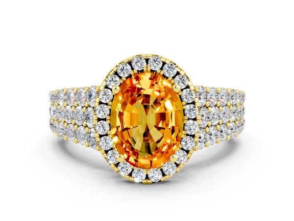 Yellow gold Oval Cut Citrine Halo Engagement Ring with Triple Row Round Pavé Band and Prong Setting
