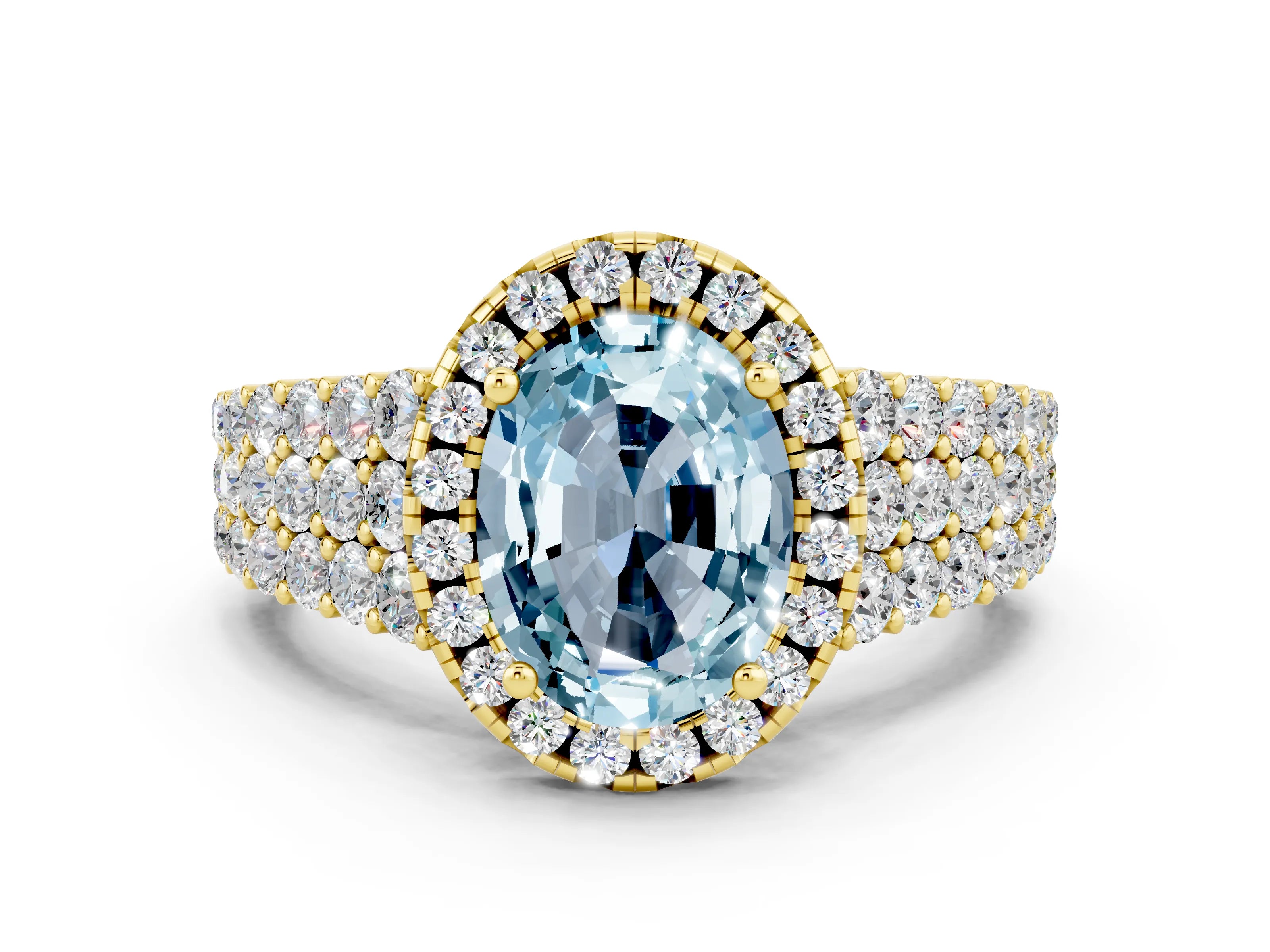 Yellow gold Oval Cut Halo Pavé Diamond Engagement Ring with Split Shank and Four-Prong Setting