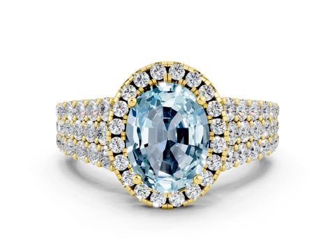 Yellow gold Oval Cut Halo Pavé Diamond Engagement Ring with Split Shank and Four-Prong Setting