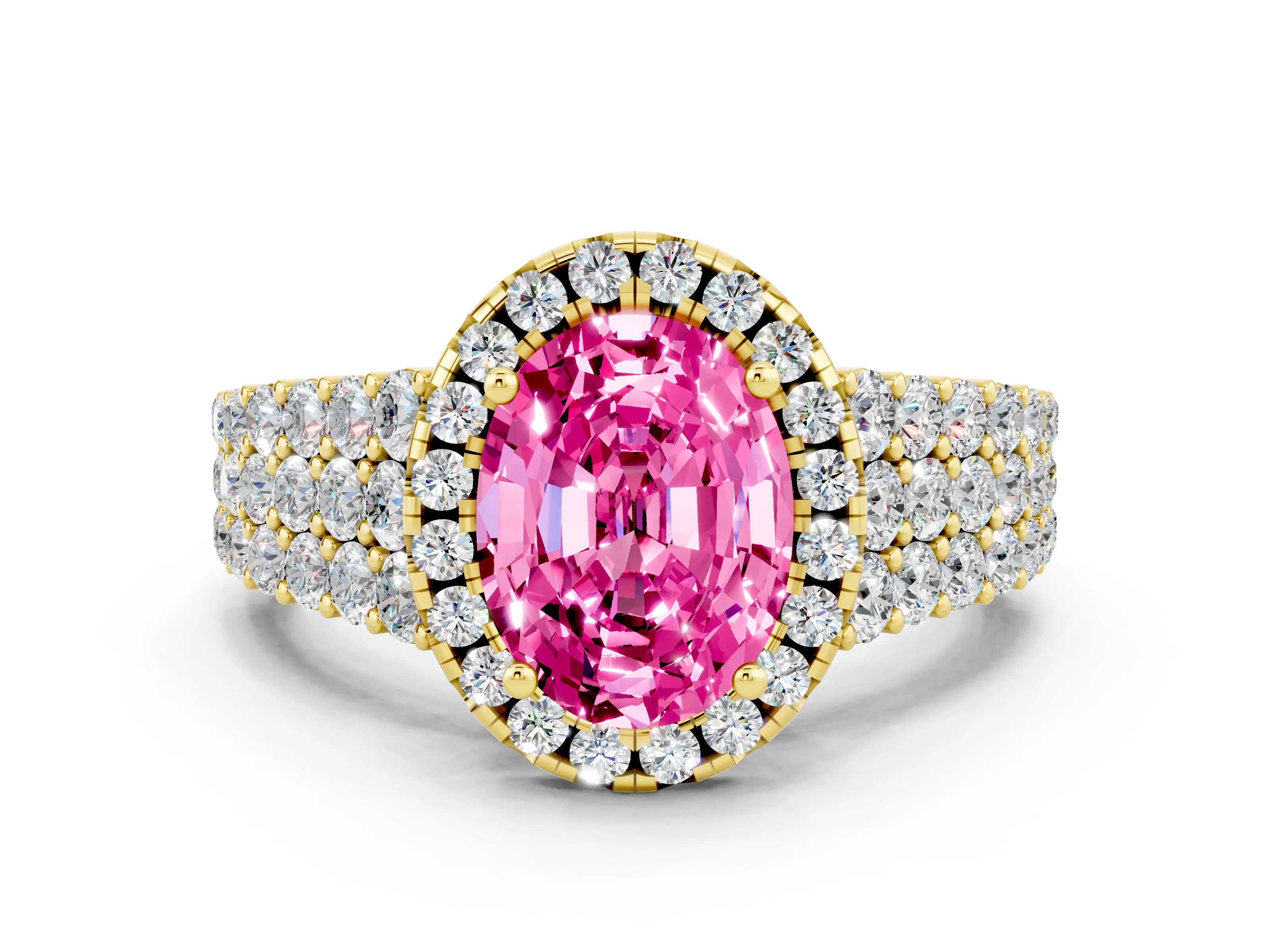 Yellow gold Oval Cut Halo Pavé Diamond Engagement Ring with Split Shank and Four-Prong Setting