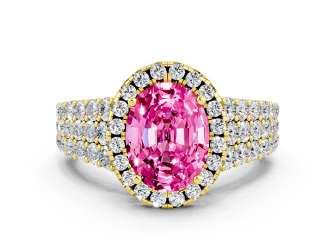 Yellow gold Oval Cut Halo Pavé Diamond Engagement Ring with Split Shank and Four-Prong Setting