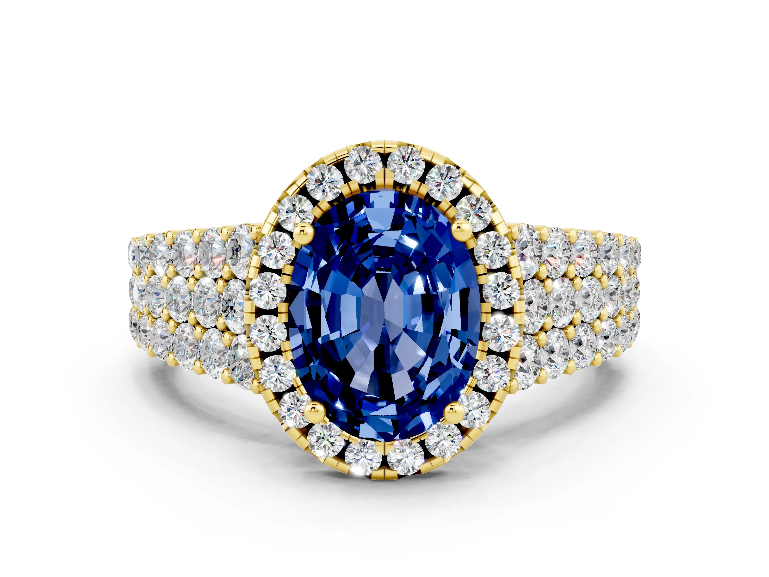 Yellow gold Oval Cut Halo Pavé Diamond Engagement Ring with Split Shank and Four-Prong Setting