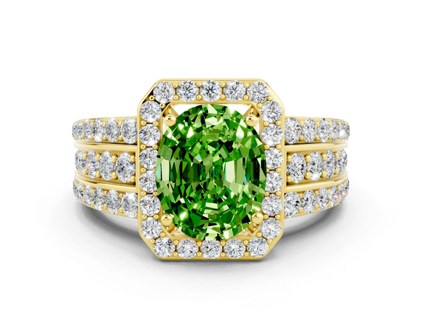 Yellow gold Oval Cut Halo Peridot Ring with Round  Split Shank and Prong Setting