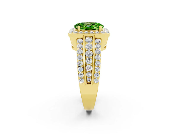Yellow gold Oval Cut Halo Peridot Ring with Round  Split Shank and Prong Setting