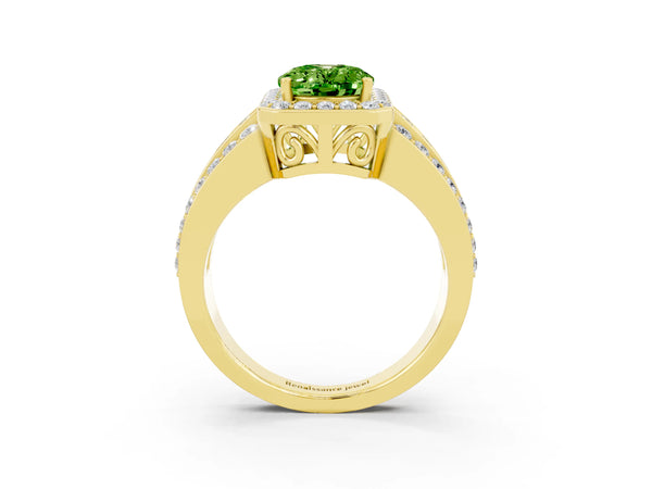 Yellow gold Oval Cut Halo Peridot Ring with Round  Split Shank and Prong Setting
