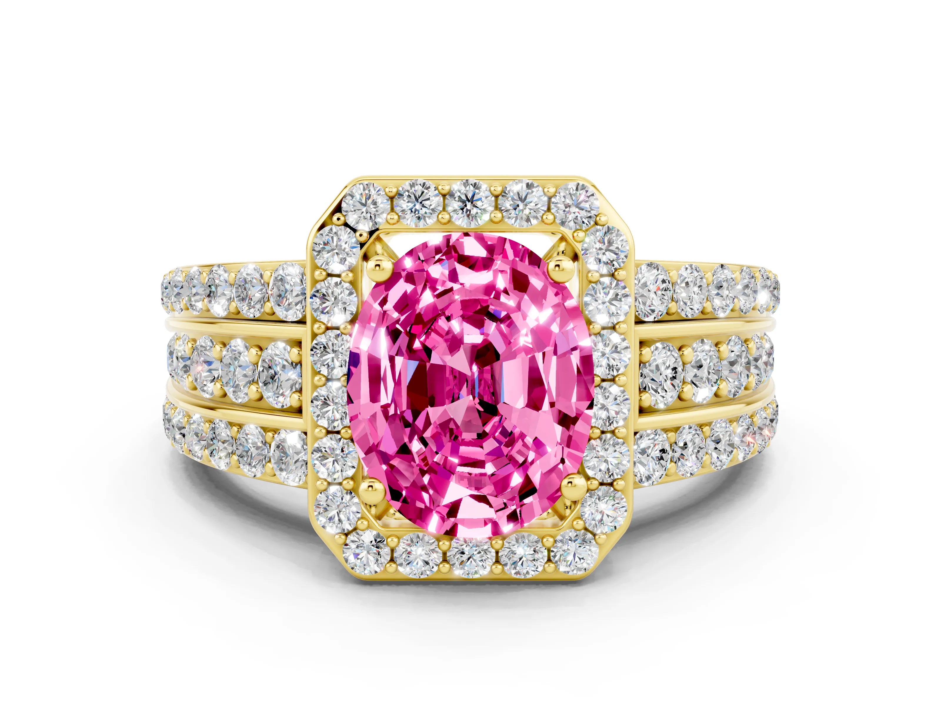 Yellow gold Oval Cut Halo Pink Sapphire Ring with Split Shank and Four-Prong Setting_24