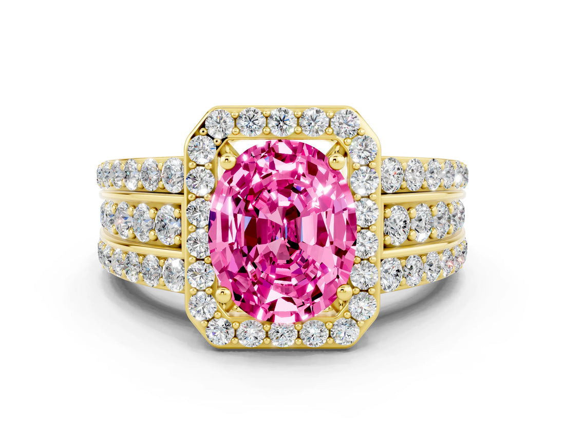 Yellow gold Oval Cut Halo Pink Sapphire Ring with Split Shank and Four-Prong Setting_24