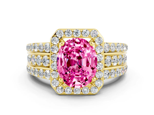 Yellow gold Oval Cut Halo Pink Sapphire Ring with Round  Split Shank and Prong Setting