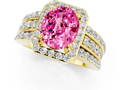 Yellow gold Oval Cut Halo Pink Sapphire Ring with Split Shank and Four-Prong Setting_25