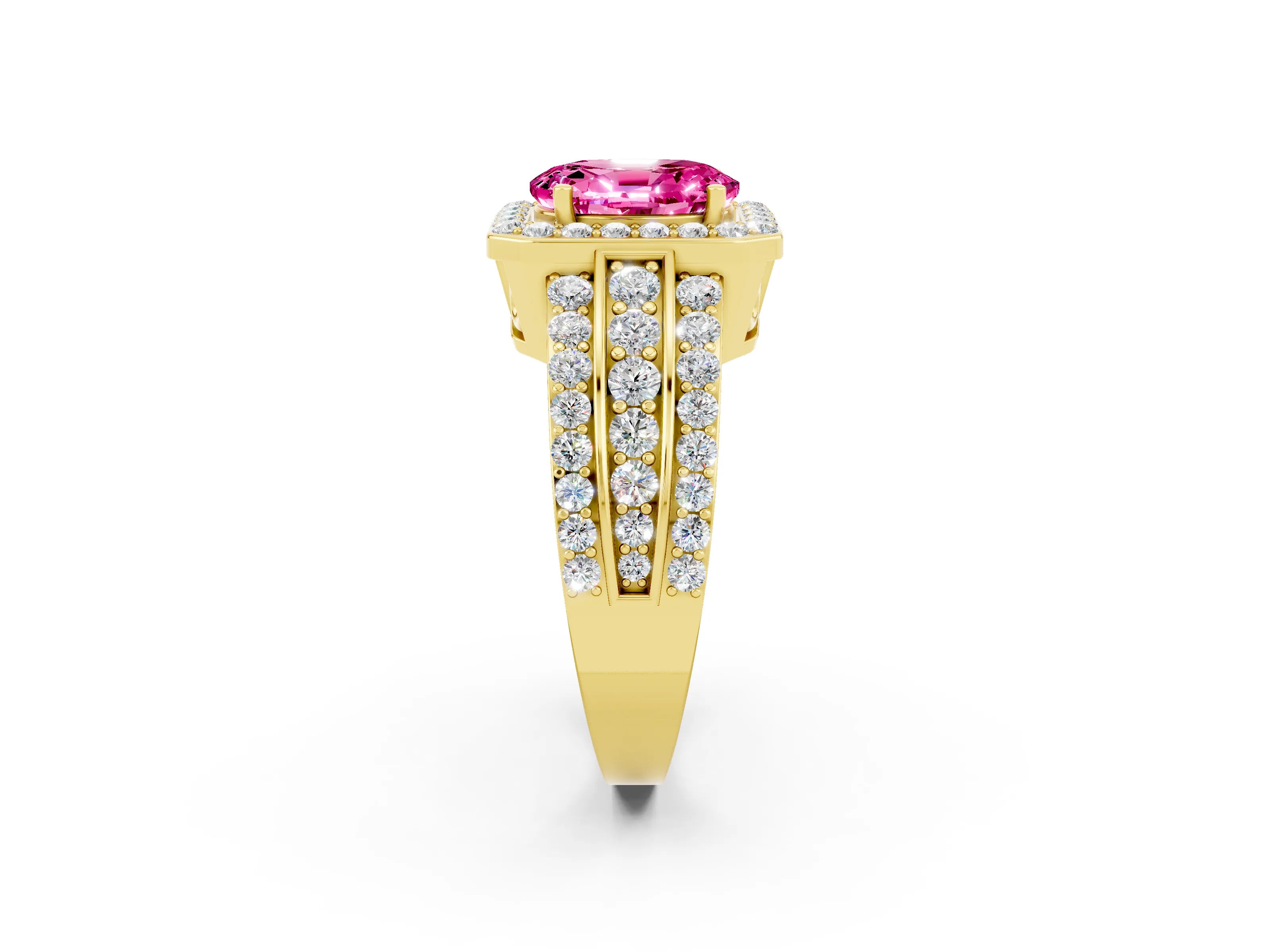 Yellow gold Oval Cut Halo Pink Sapphire Ring with Split Shank and Four-Prong Setting_26