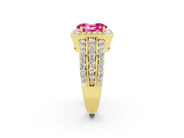 Yellow gold Oval Cut Halo Pink Sapphire Ring with Round  Split Shank and Prong Setting