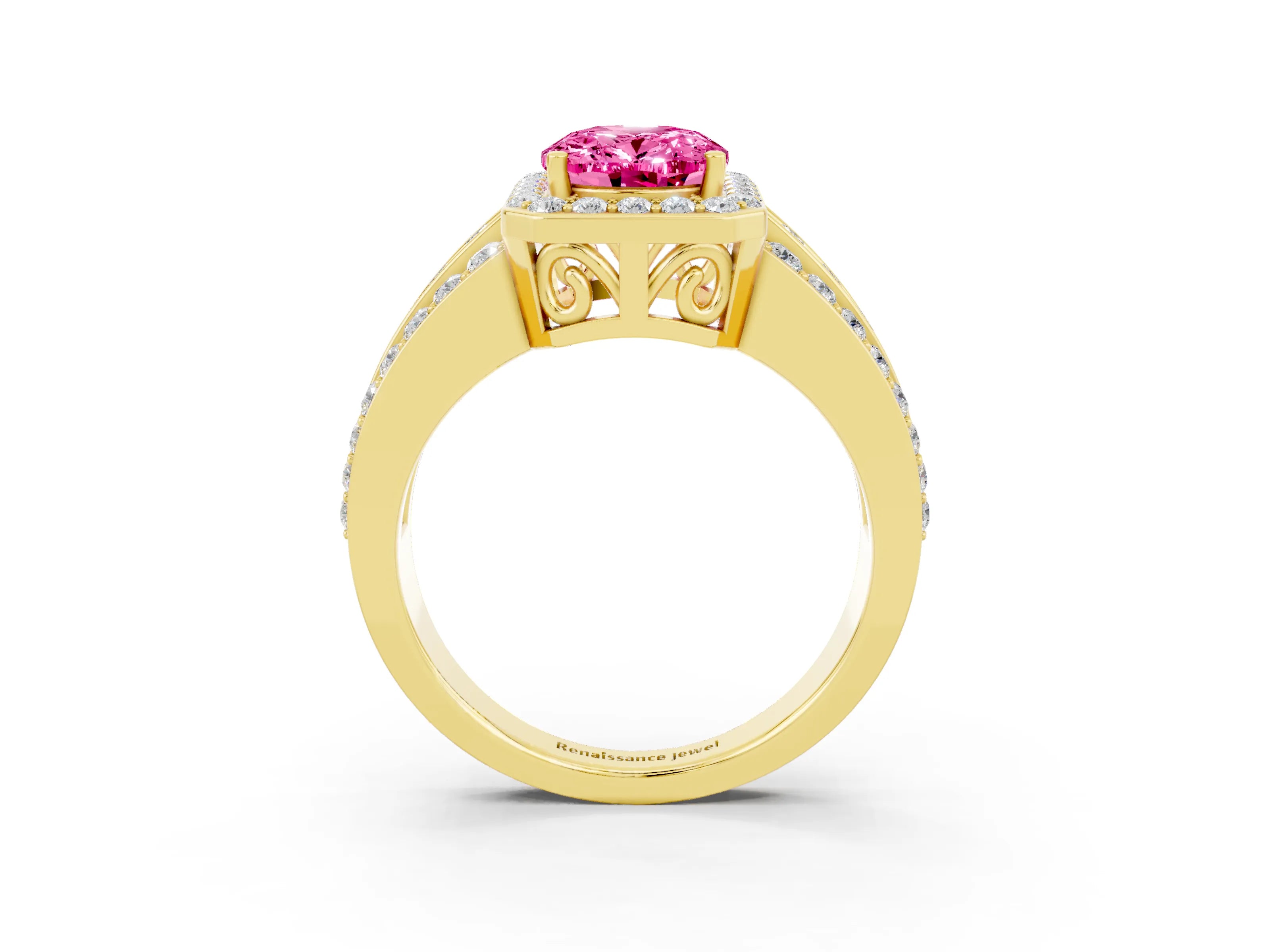 Yellow gold Oval Cut Halo Pink Sapphire Ring with Split Shank and Four-Prong Setting_27