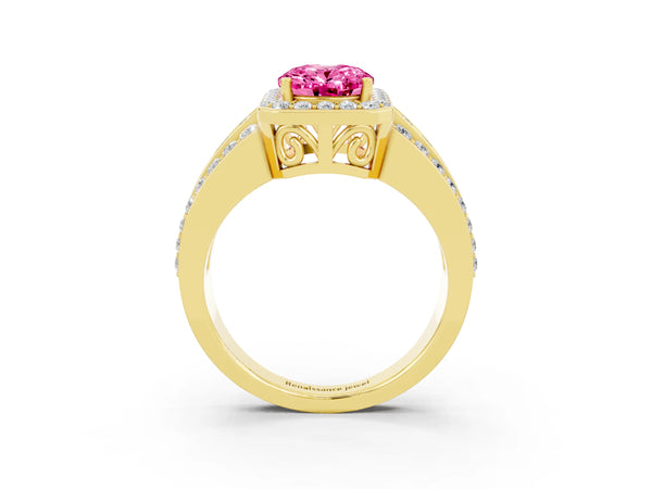 Yellow gold Oval Cut Halo Pink Sapphire Ring with Round  Split Shank and Prong Setting