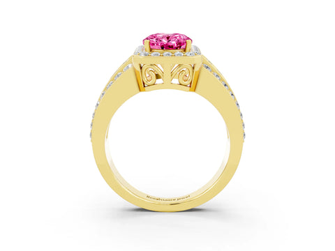 Yellow gold Oval Cut Halo Pink Sapphire Ring with Split Shank and Four-Prong Setting_27