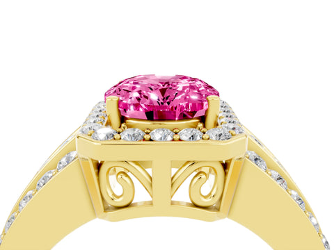 Yellow gold Oval Cut Halo Pink Sapphire Ring with Split Shank and Four-Prong Setting_28
