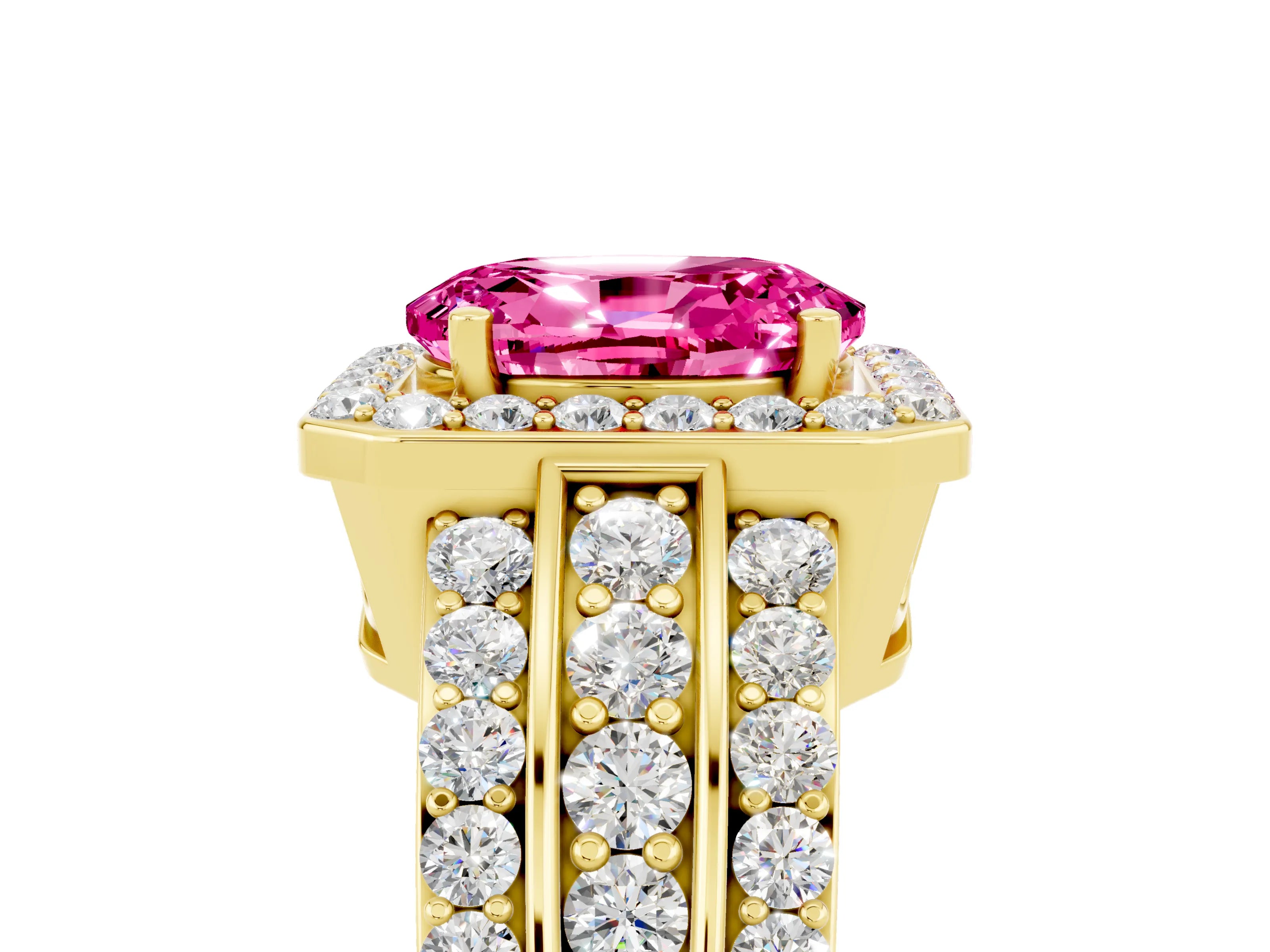 Yellow gold Oval Cut Halo Pink Sapphire Ring with Split Shank and Four-Prong Setting_29