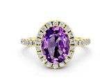 Yellow gold Oval Cut Halo Round Diamond Pavé Band Four-Prong Ring