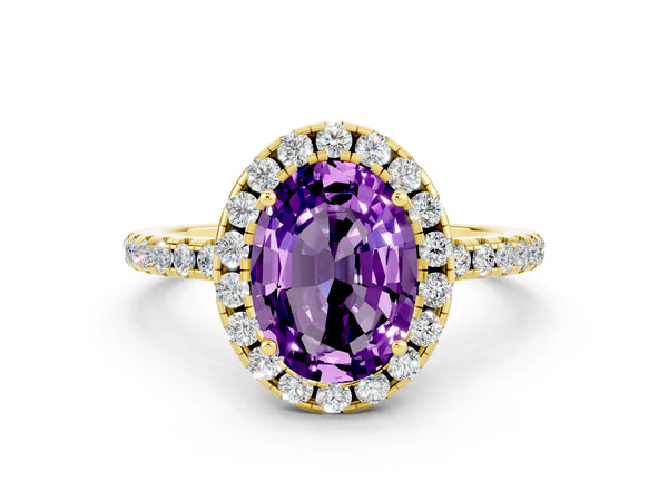 Yellow gold Oval Cut Amethyst Halo Ring with Round Pavé Band and Prong Setting