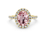 Yellow gold Oval Cut Halo Round Diamond Pavé Band Four-Prong Ring