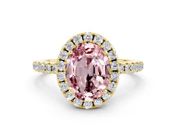 Yellow gold Oval Cut Halo Round Diamond Pavé Band Four-Prong Ring