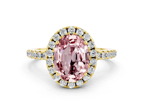 Yellow gold Oval Cut Halo Round Diamond Pavé Band Four-Prong Ring