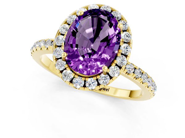 Yellow gold Oval Cut Amethyst Halo Ring with Round Pavé Band and Prong Setting